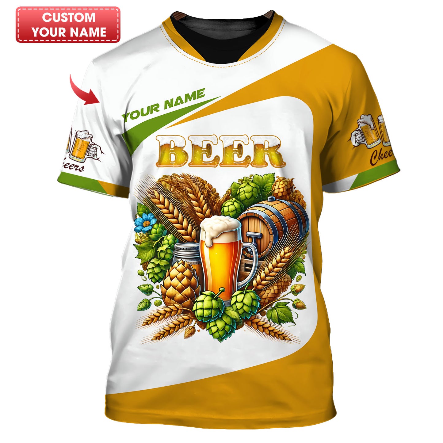 T-shirt personnalisé avec nom en 3D en forme de cœur de bière, cadeau personnalisé pour les amateurs de bière