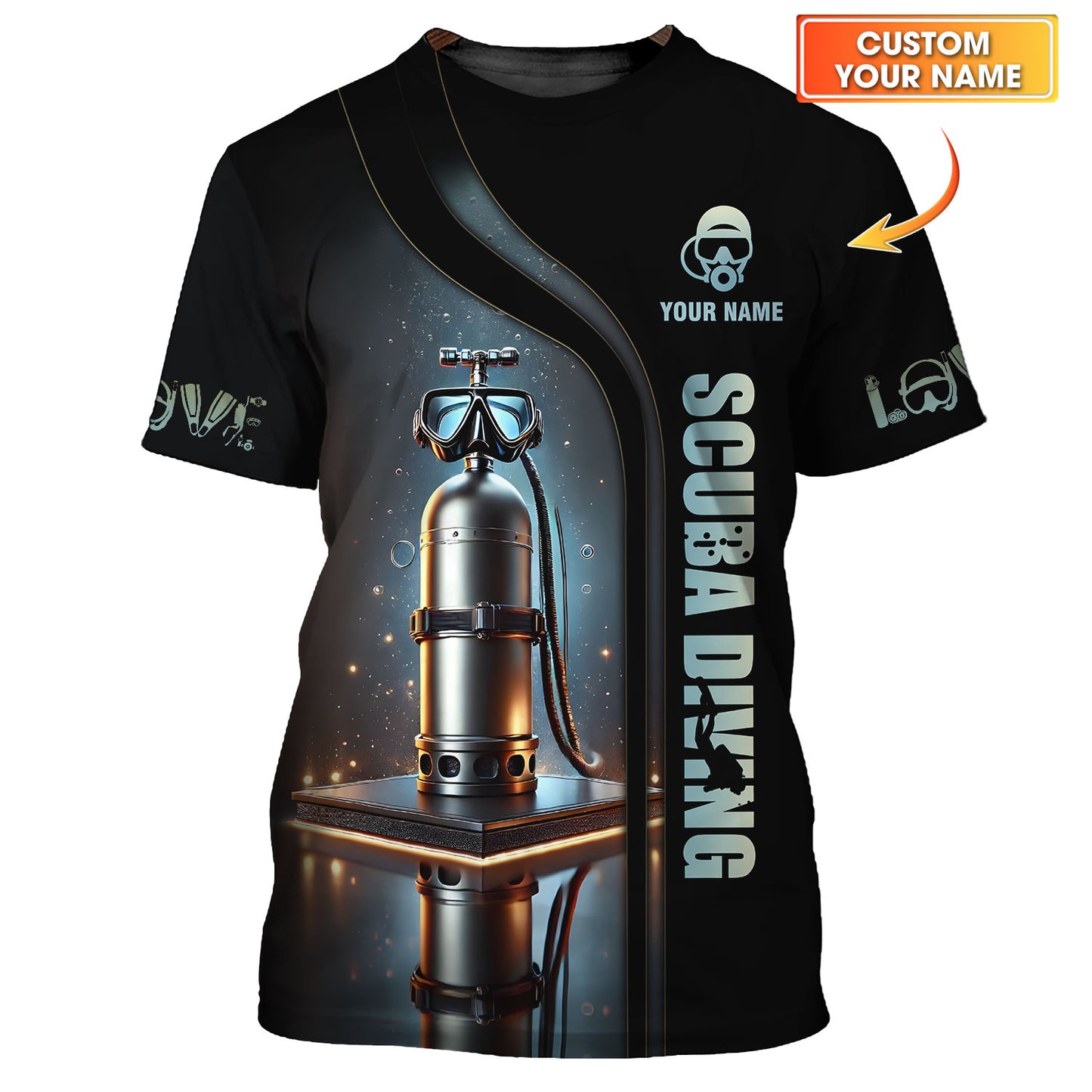 Camisetas con estampado 3D completo de Scuba Mark con tanque de buceo, regalo con nombre personalizado para amantes del buceo