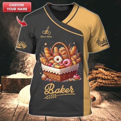 Camiseta de panadero personalizada: cesta de repostería gourmet con borde dorado