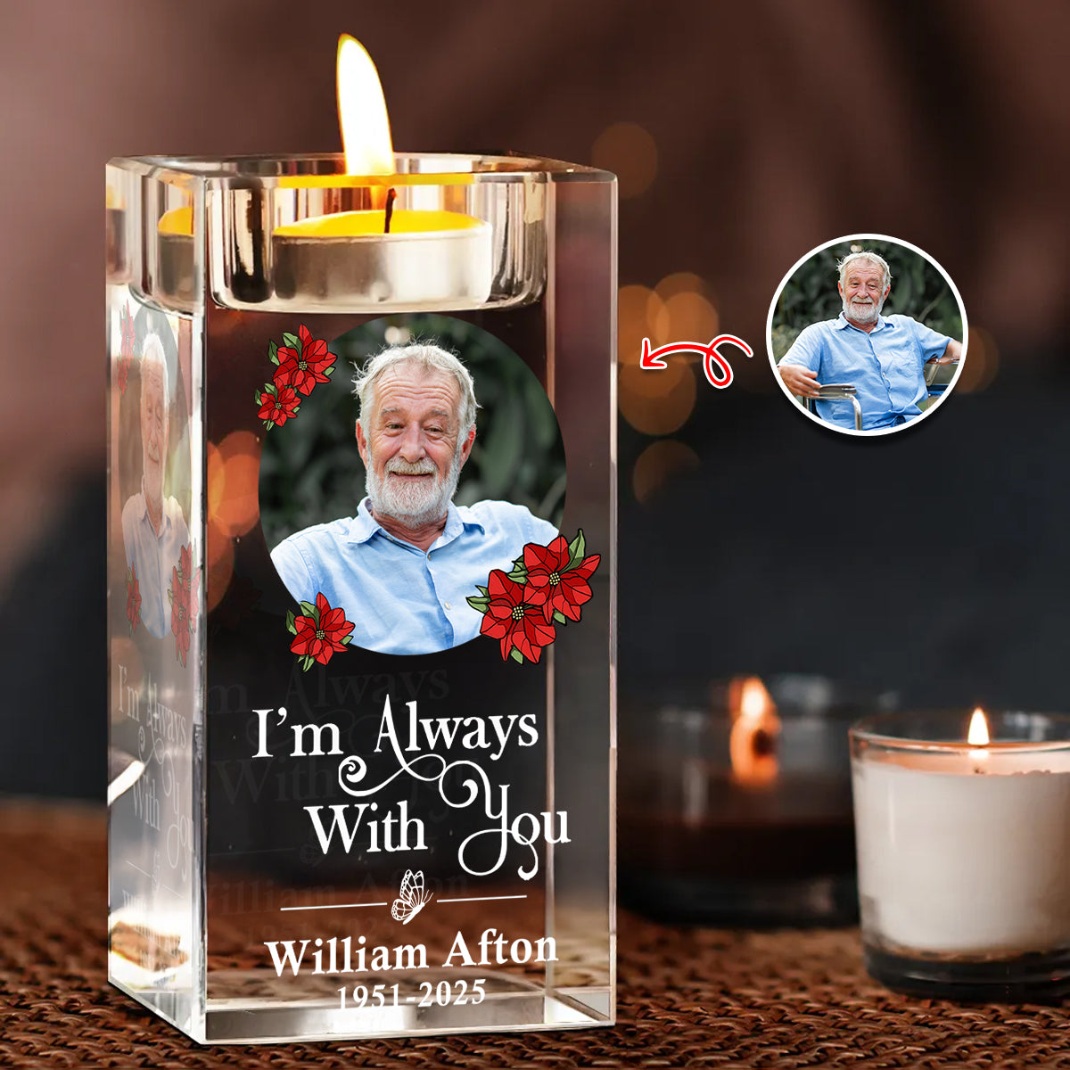 In Loving Memory I Am Always With You Cardinal - Memorial Gifts - Personalized Crystal Candle Holder