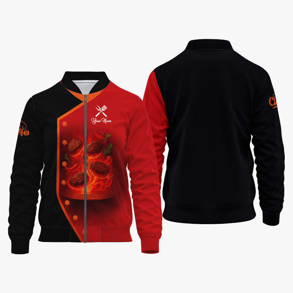 Personalized BBQ Chef T Shirt - Flaming Grill Patties Red Black Design