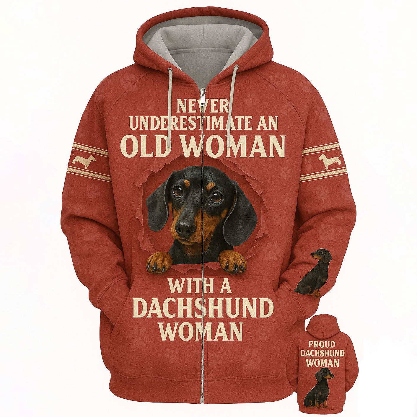 Vintage Red Dachshund Woman Hoodie - Never Underestimate an Old Woman