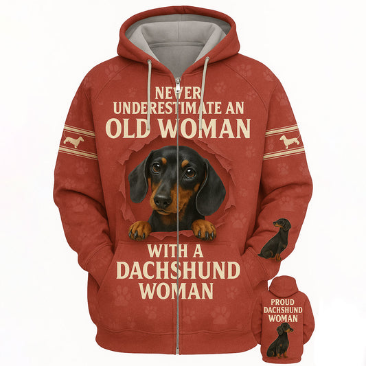 Vintage Red Dachshund Woman Hoodie - Never Underestimate an Old Woman