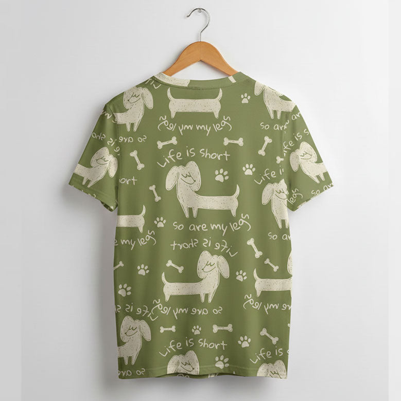 Unisex Dachshund AOP T-Shirt - 'Life is Short So Are My Legs' Funny Dog Lover All-Over Print Tee