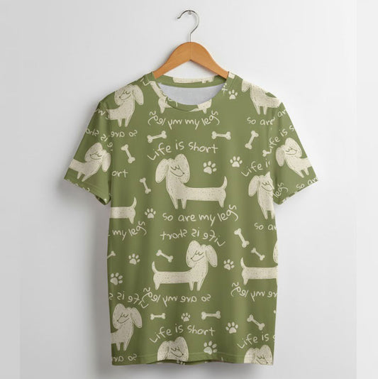 Unisex Dachshund AOP T-Shirt - 'Life is Short So Are My Legs' Funny Dog Lover All-Over Print Tee