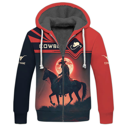 3D Full Print Cowboy With Red Moon Zipper Hoodie Personalized Name Gift For Cowboy Lovers