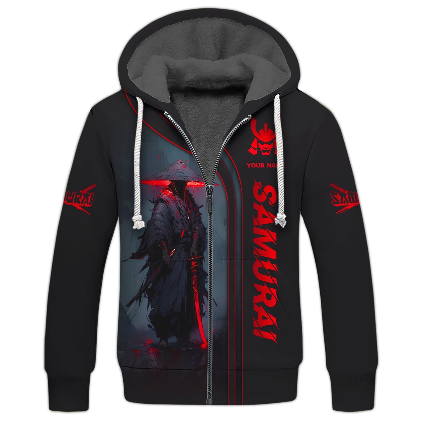 Sweat à capuche zippé 3D personnalisé avec nom de samouraï noir et rouge, cadeau personnalisé pour les amoureux des samouraïs