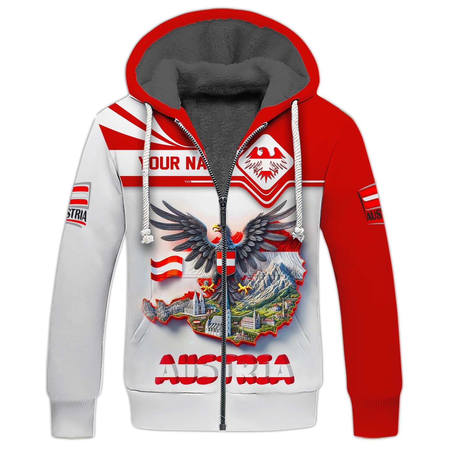 3D Full Print Eagle With Map Of Austria Zipper Hoodie Personalized Name Gift For Austrian Lovers