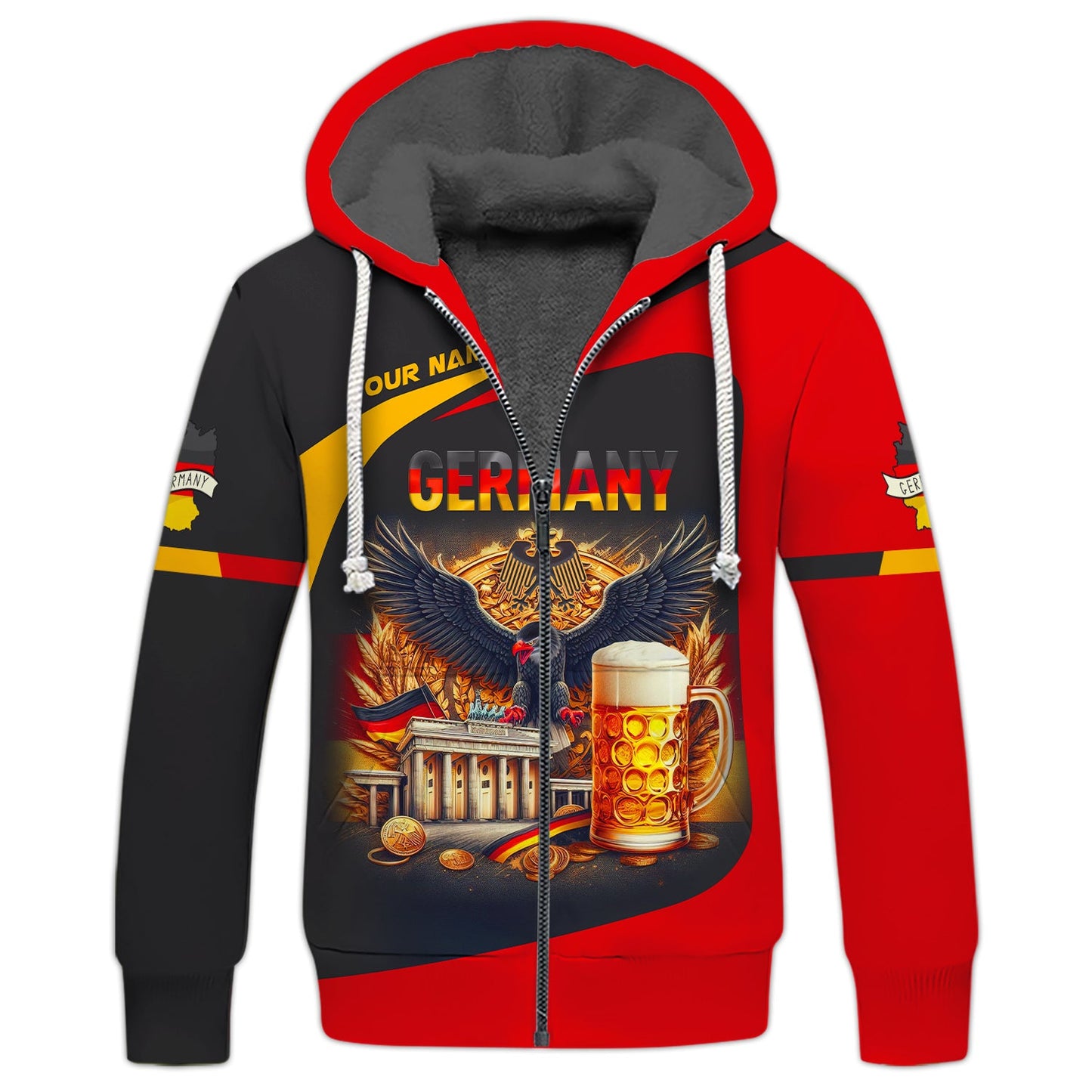 Sudadera con capucha y cremallera con nombre personalizado de águila con cerveza de Alemania, regalo personalizado para los amantes de Alemania