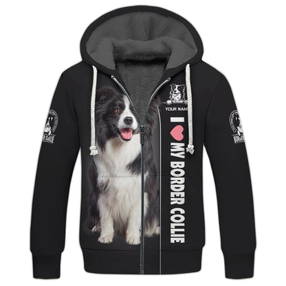 Sweat à capuche zippé avec nom personnalisé Border Collie Gif pour les amoureux des chiens T-shirts 3D