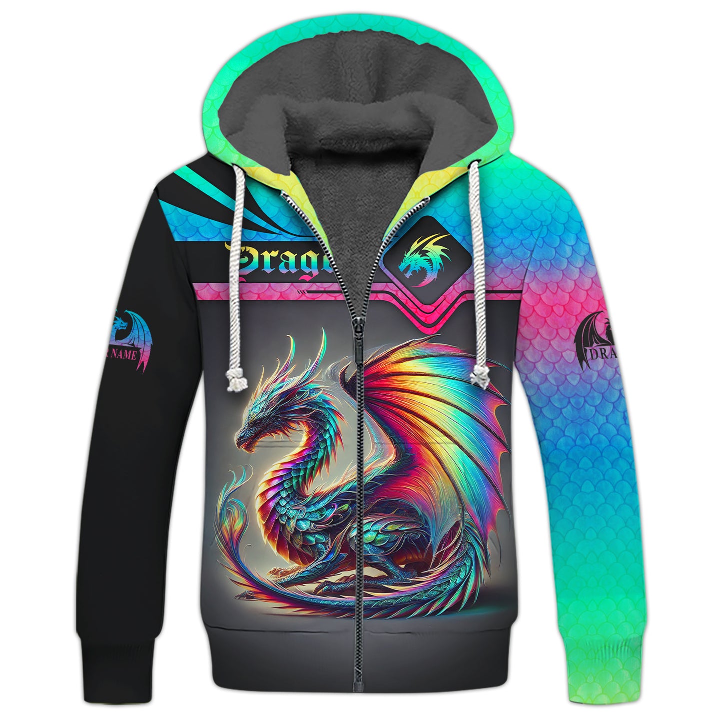 Sudadera con capucha y cremallera de neón con estampado completo en 3D de dragón, regalo personalizado con nombre para amantes de los dragones