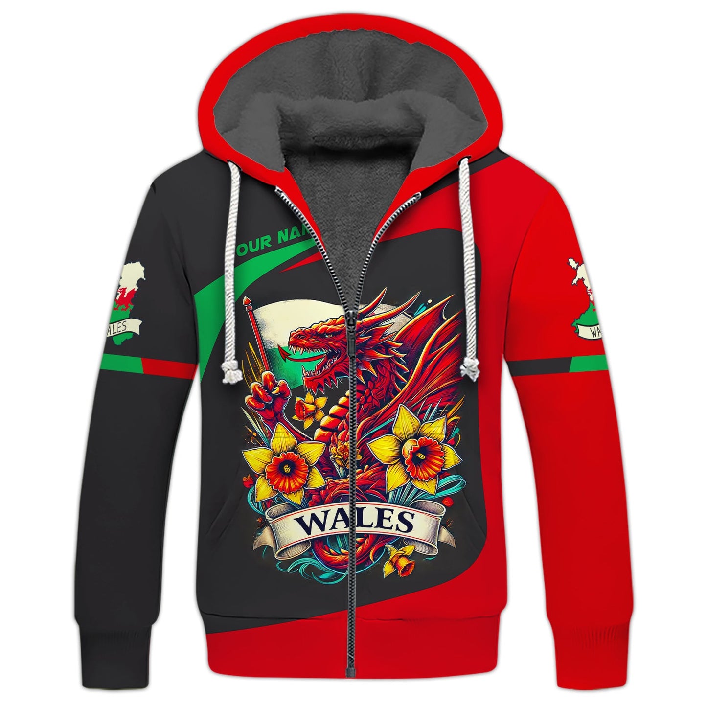 Sweat à capuche avec fermeture éclair et nom personnalisé du Pays de Galles, imprimé complet, chemise Dragon Wales, cadeau pour les amoureux du Pays de Galles