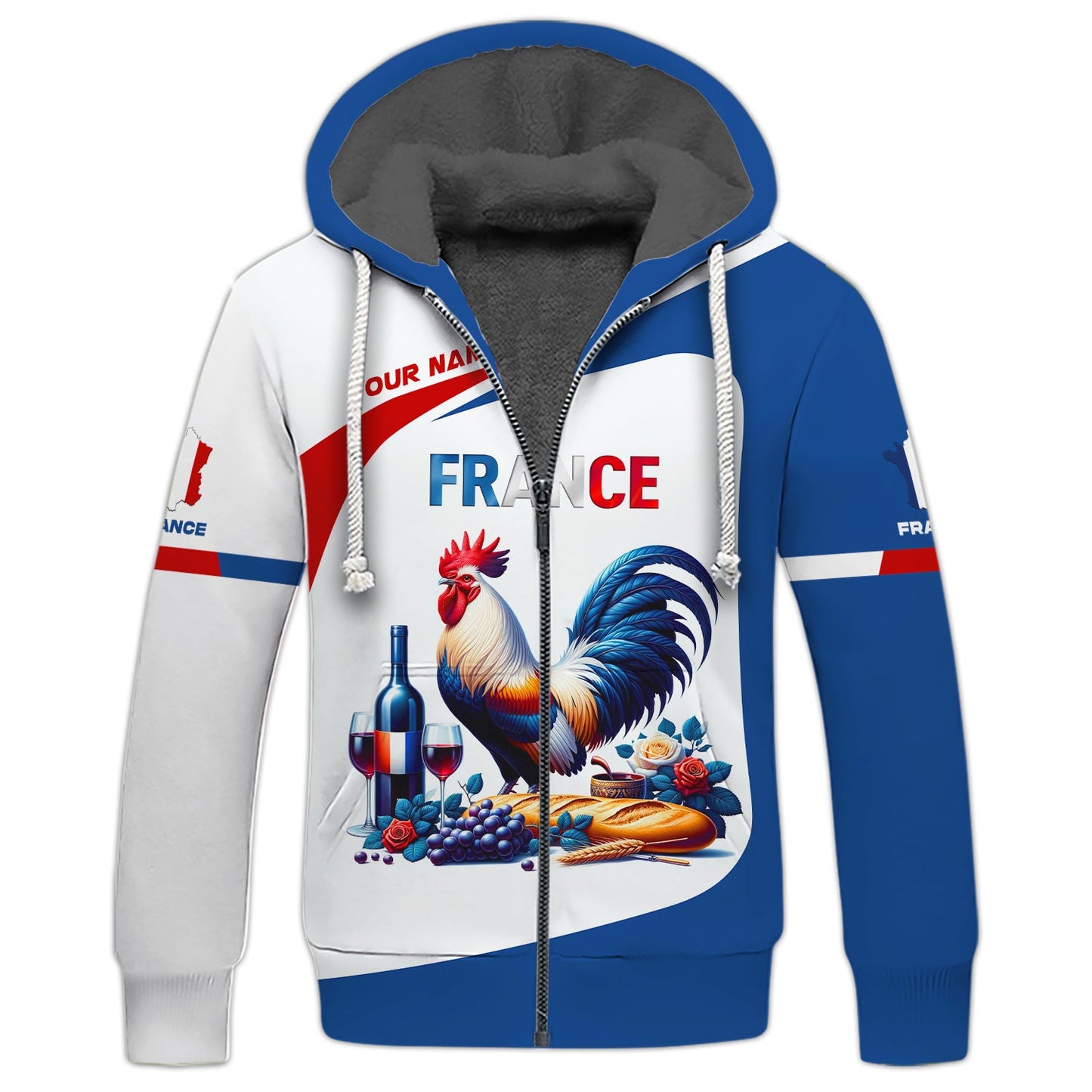 Sweat à capuche zippé 3D avec nom personnalisé Coq France Cadeau personnalisé pour les amoureux de la France