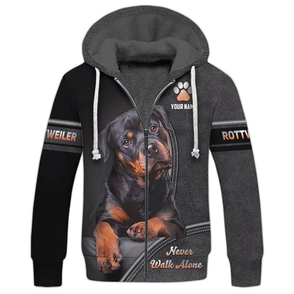 Rottweiler Custom Name Zipper Hoodie Never Walk Alone Gift For Dog Lover 3D Shirts