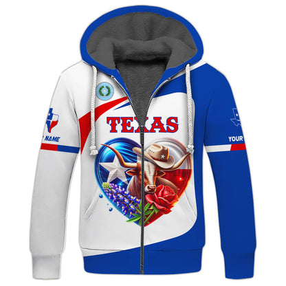 3D Full Print Texas Heart 3D Zipper Hoodie Personalized Name Gift For Texas Lovers