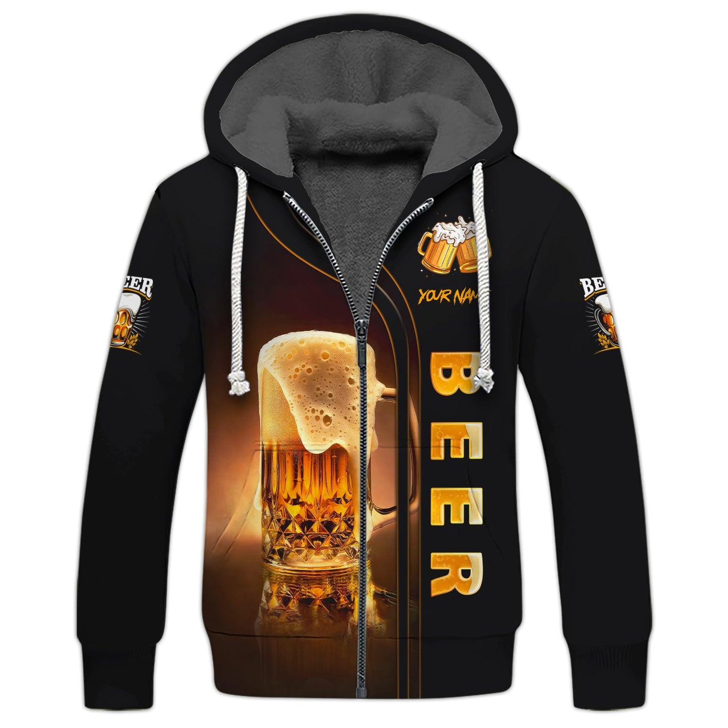 Sudadera con capucha y cremallera con nombre personalizado en 3D Love Beer, regalo personalizado para amantes de la cerveza