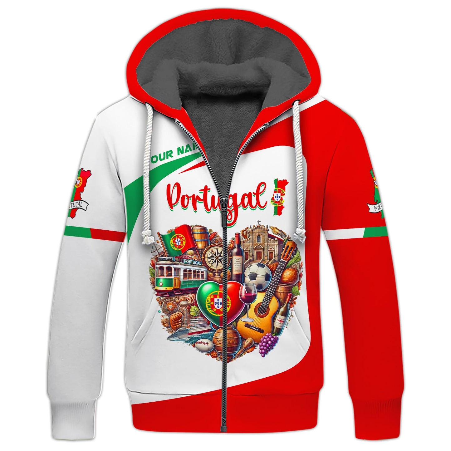 Sudadera con capucha y cremallera 3D con nombre personalizado y corazón de Portugal, regalo personalizado para amantes de Portugal