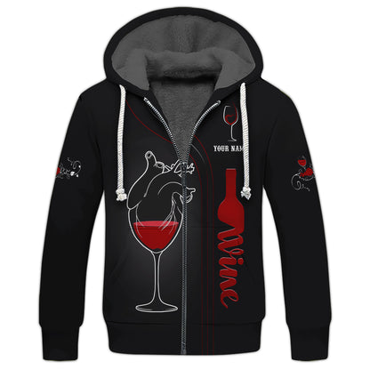 Sudadera con capucha y cremallera con estampado 3D de vino tinto, regalo personalizado con nombre para amantes del vino