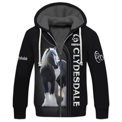 Sweat à capuche zippé Clydesdale à impression 3D complète, cadeau personnalisé avec nom pour les amoureux des chevaux