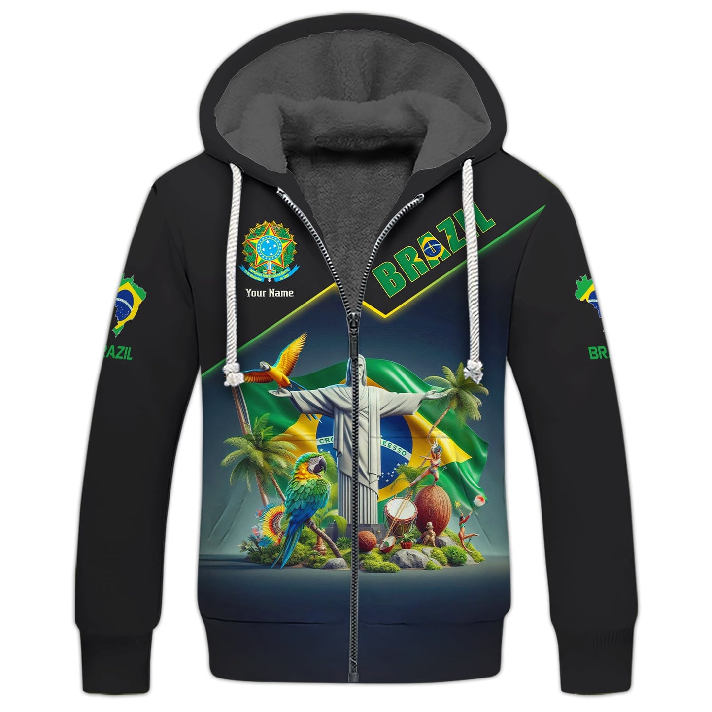 Brazil Personalized Name 3D Brasil Zipper Hoodie Custom Gift For Brazil Lovers