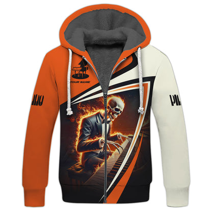 Sudadera con capucha y cremallera con estampado 3D de calavera de fuego y piano, regalo personalizado con nombre para amantes del piano