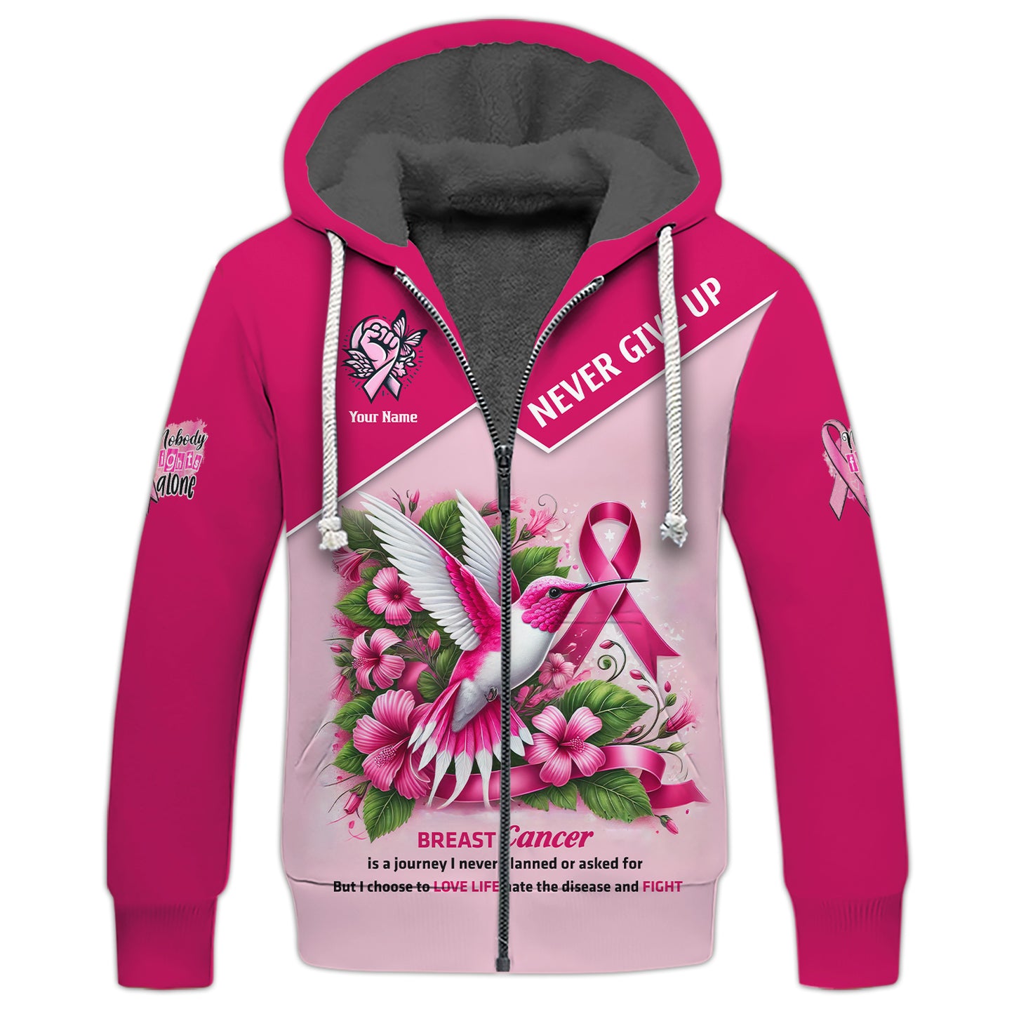 Sudadera con capucha y cremallera con nombre personalizado para concienciar sobre el cáncer de mama. Nunca te rindas. Regalo para sobrevivientes de cáncer