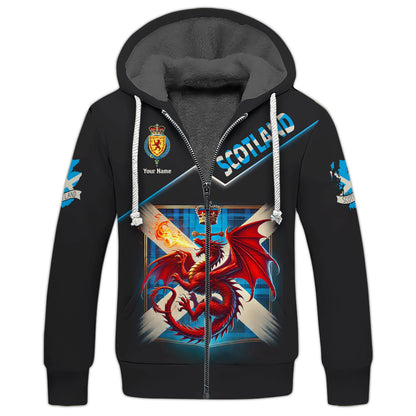 3D Full Print Dragon With Scotland Flag Zipper Hoodie Personalized Name Gift For Scotland Lovers