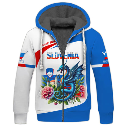 Sudadera con capucha y cremallera con estampado 3D de dragón con claveles de Eslovenia, regalo personalizado con nombre para amantes de Eslovenia