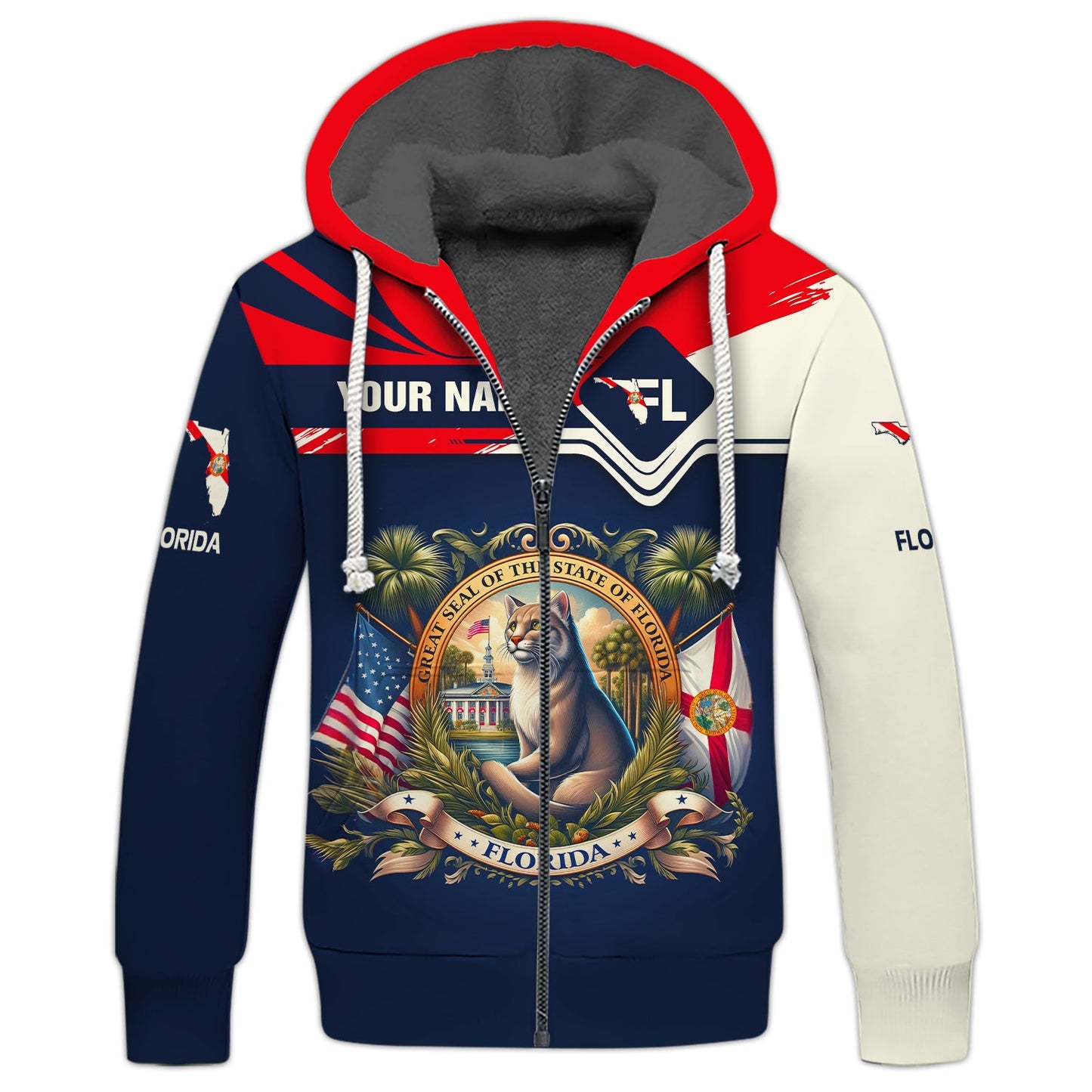 Sudadera con capucha y cremallera personalizada con el escudo de armas de Florida, gif para amantes de Florida, camiseta 3D