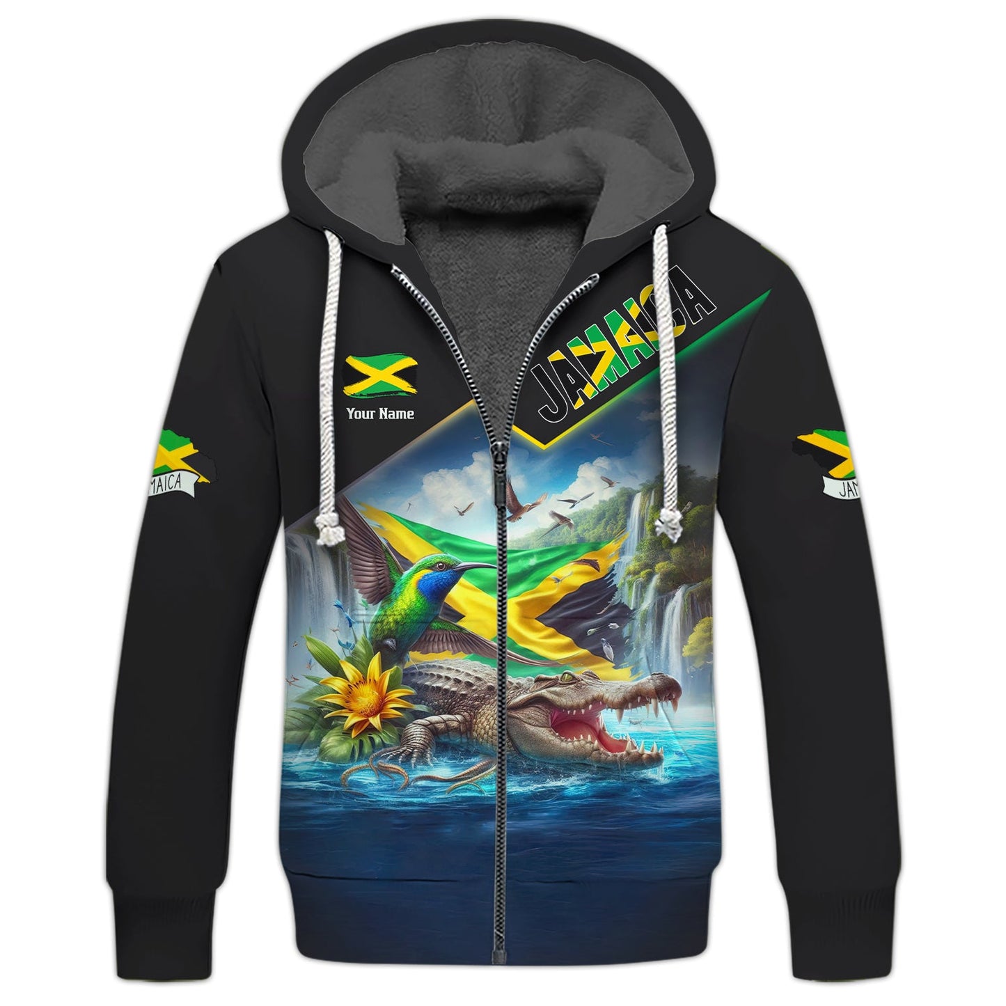 Sudadera con capucha y cremallera personalizada con el orgullo de Jamaica, cocodrilo y colibrí de Jamaica, regalo para los amantes de Jamaica