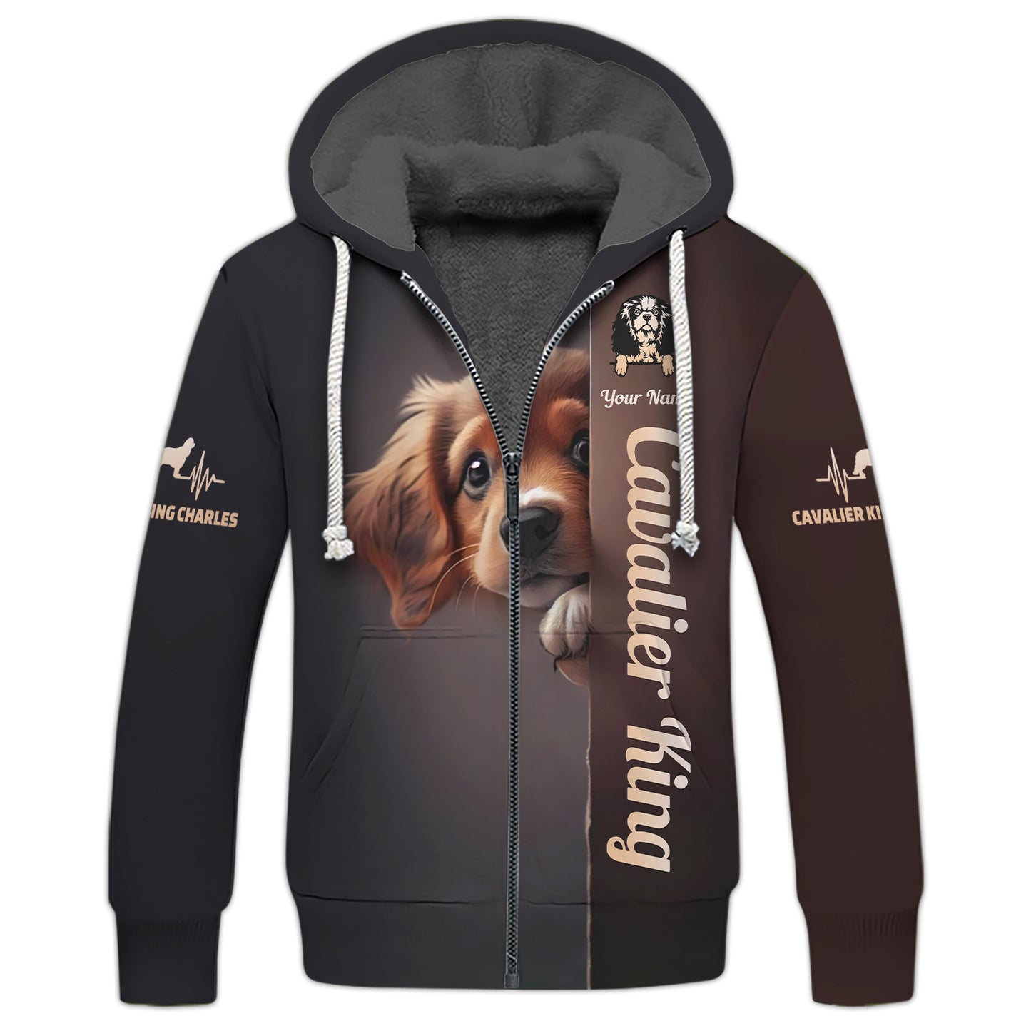 Sweat à capuche zippé pour chien Cavalier King Charles Spaniel imprimé en 3D, cadeau personnalisé avec nom pour les amoureux des chiens