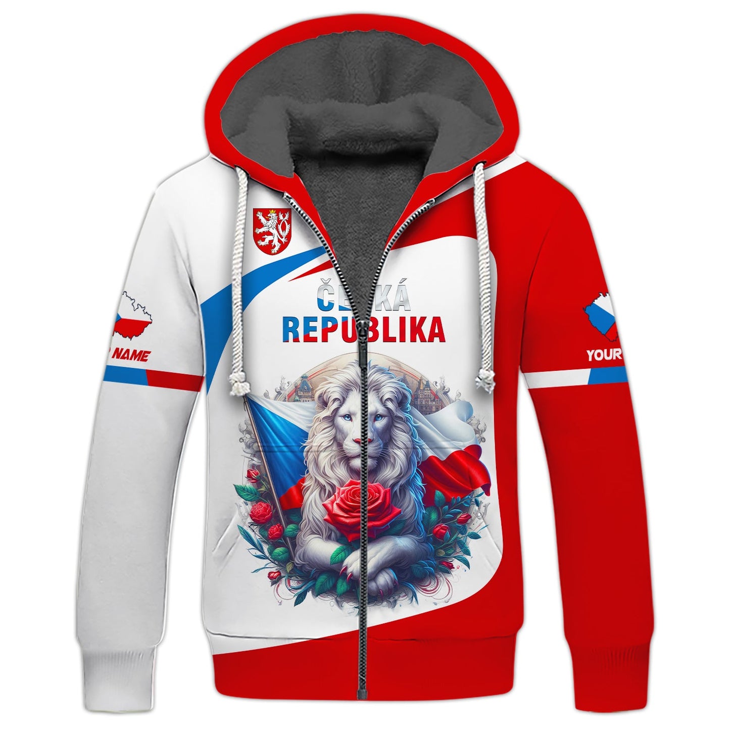 Le lion avec le drapeau de la République tchèque Nom personnalisé Sweat à capuche zippé Cadeau pour les amoureux de la République tchèque