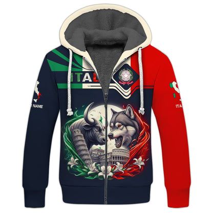 Sudadera con capucha y cremallera de Italia con estampado completo en 3D, regalo con nombre personalizado para amantes de Italia