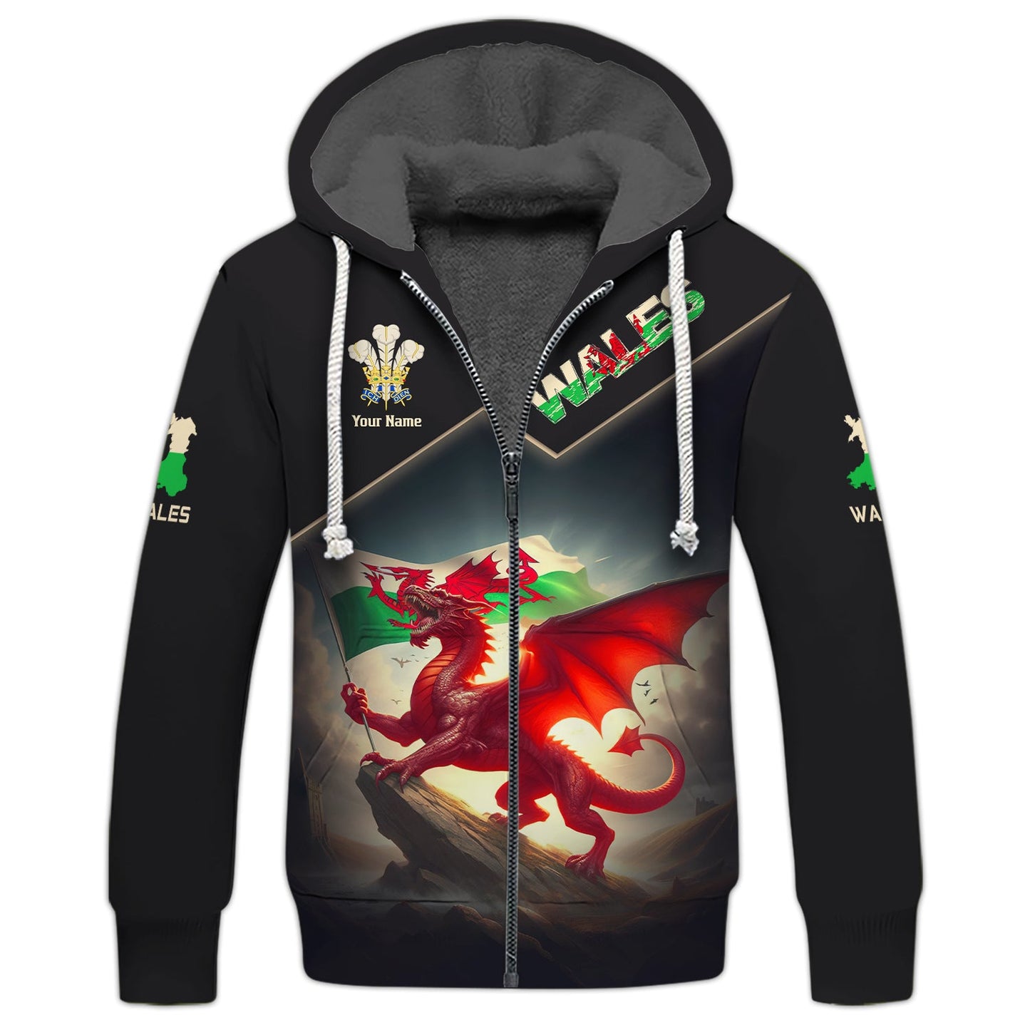 Sweat à capuche avec fermeture éclair et impression 3D complète Dragon Fighting Wales, cadeau personnalisé pour les amoureux du Pays de Galles