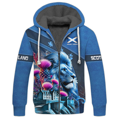 Sudadera con capucha y cremallera 3D con nombre personalizado de El león con cardo de Escocia, regalo personalizado para amantes de los escoceses