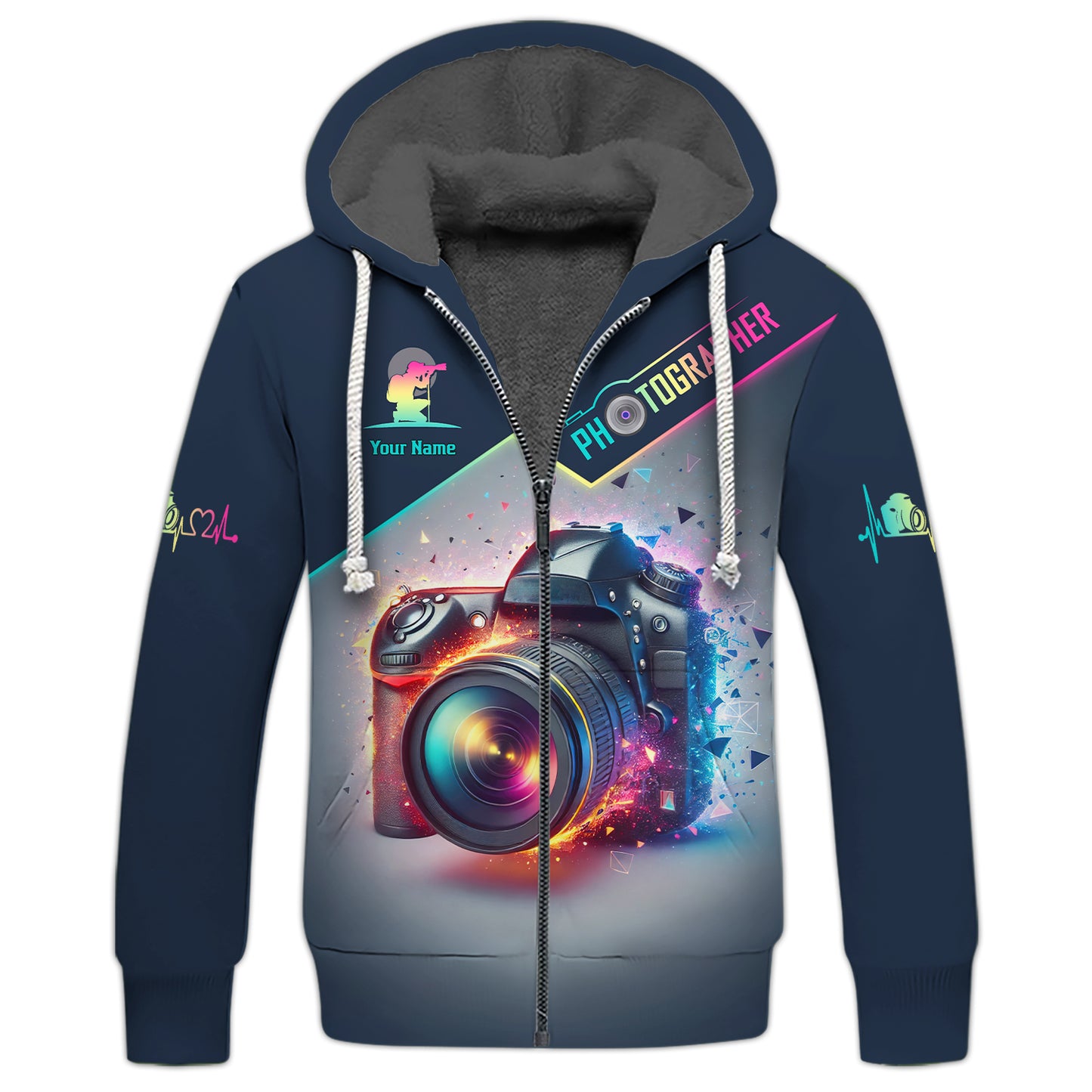 Sudadera con capucha y cremallera con estampado 3D completo y colorido para cámara, regalo personalizado con nombre para amantes de la fotografía