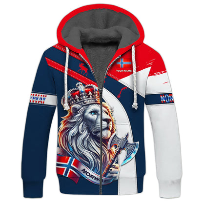 Sweat à capuche avec fermeture éclair et impression 3D complète du Roi Lion de Norvège avec hache, cadeau personnalisé avec nom pour les amoureux norvégiens