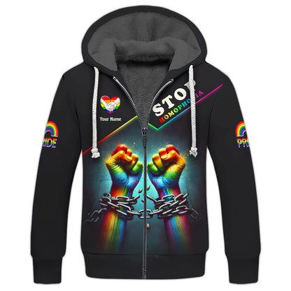 LGBT Pride Custom Name 3D Zipper Hoodie Stop Homophobia Shirt Gift For LGBT Lovers