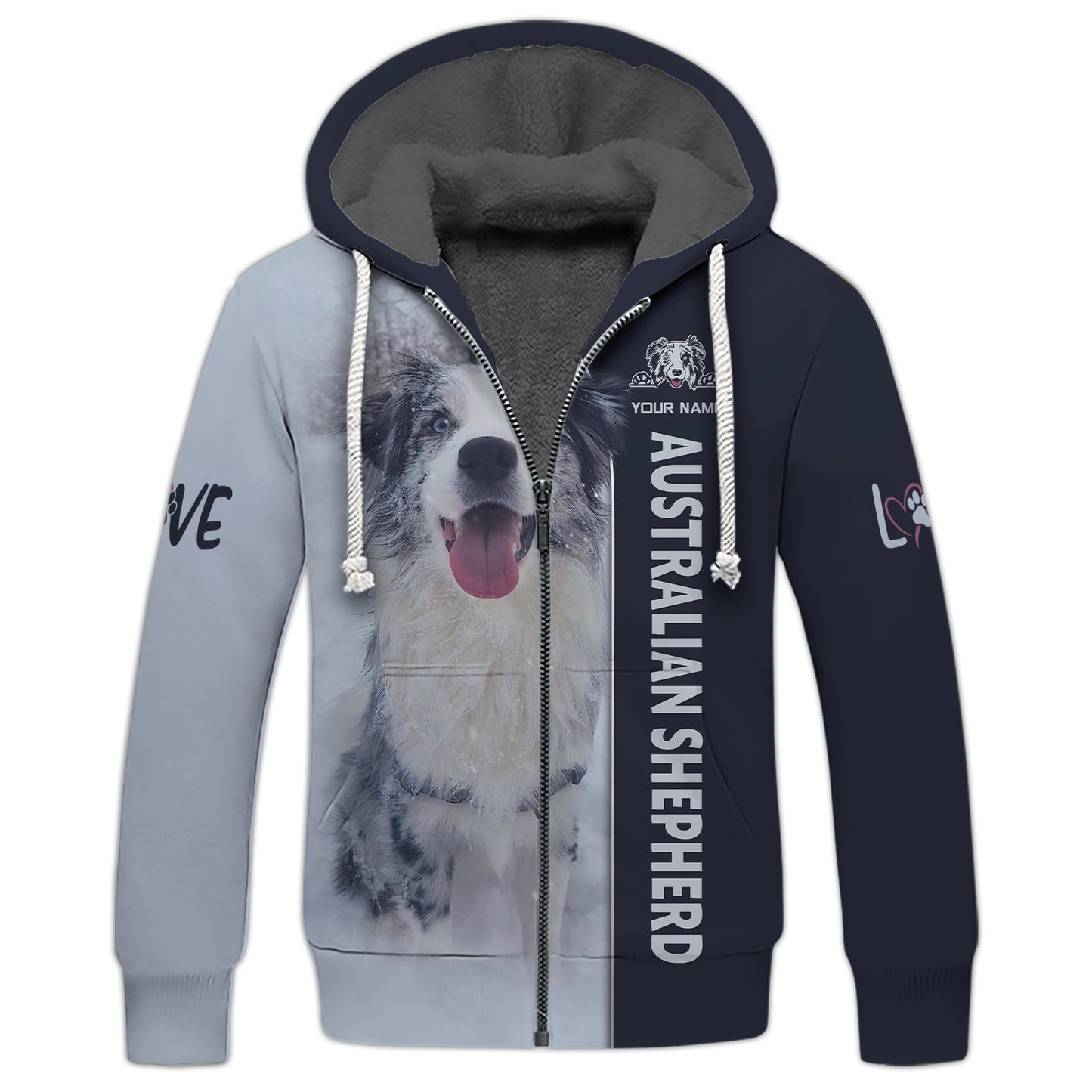 Sweat à capuche zippé 3D avec nom personnalisé de berger australien, cadeau pour les amoureux des chiens