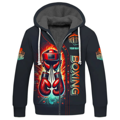 Sudadera con capucha y cremallera con guantes de boxeo rojos y casco con impresión 3D completa, regalo con nombre personalizado para amantes de los boxeadores