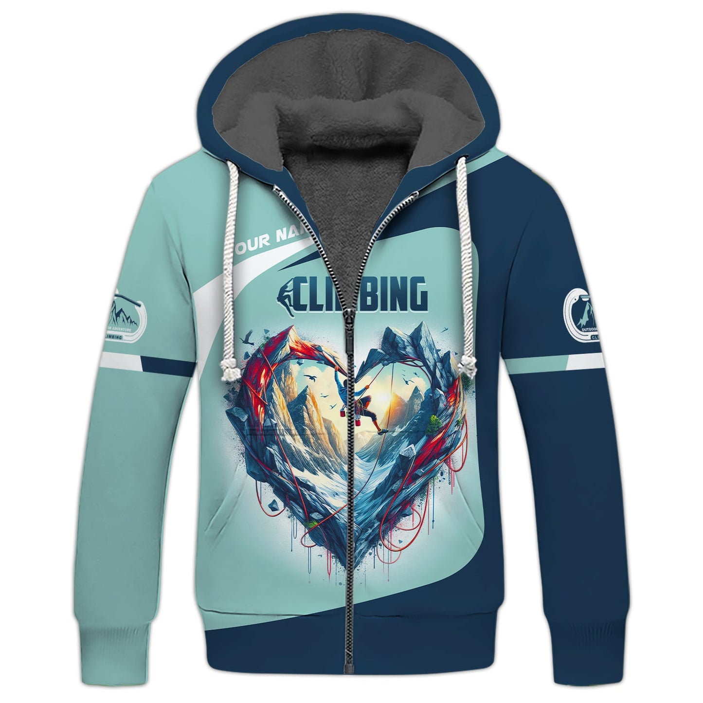 Sweat à capuche zippé 3D avec nom personnalisé Climbing Heart Cadeau personnalisé pour les amateurs d'escalade