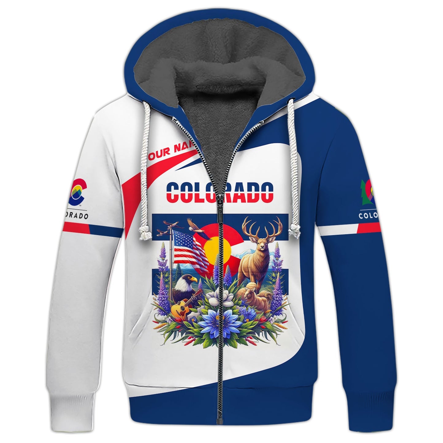 Sweat à capuche zippé Colorado à impression 3D complète, cadeau personnalisé avec nom pour les amoureux du Colorado