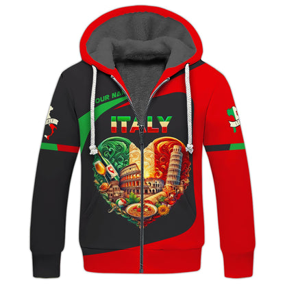 Sudadera con capucha y cremallera 3D con nombre personalizado y corazón de Italia, regalo personalizado para amantes de Italia