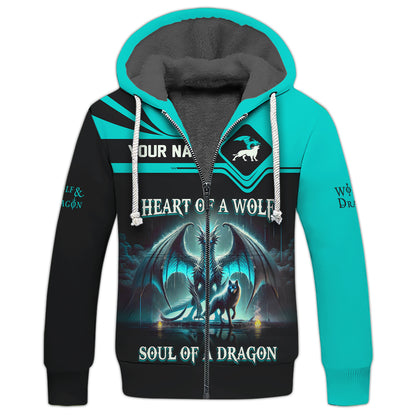 3D Full Print Heart Of A Wolf Soul Of A Dragon Zipper Hoodie Personalized Name Gift For Dragon Lovers