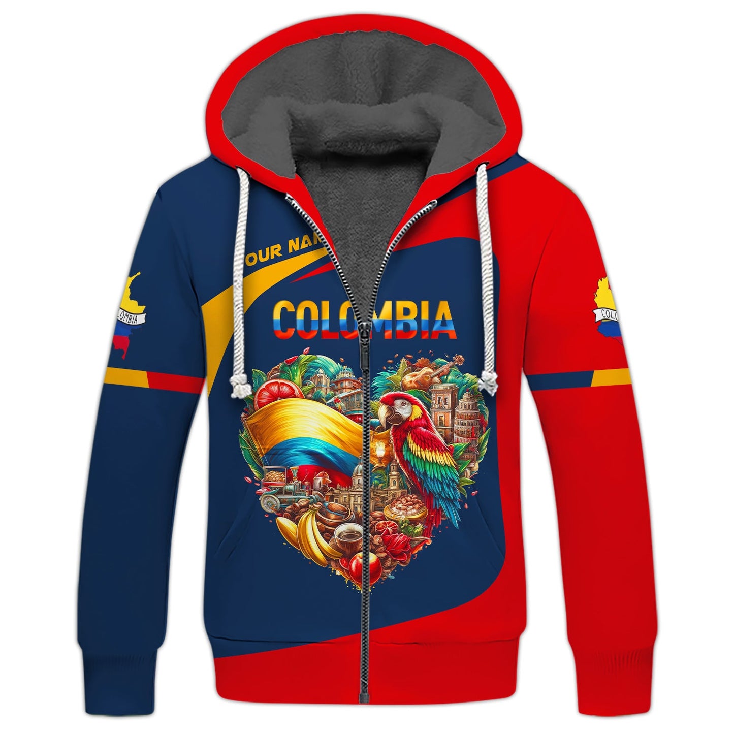 Sudadera con capucha y cremallera con corazón de Colombia, nombre personalizado, camiseta de Colombia, camiseta unisex de Colombia