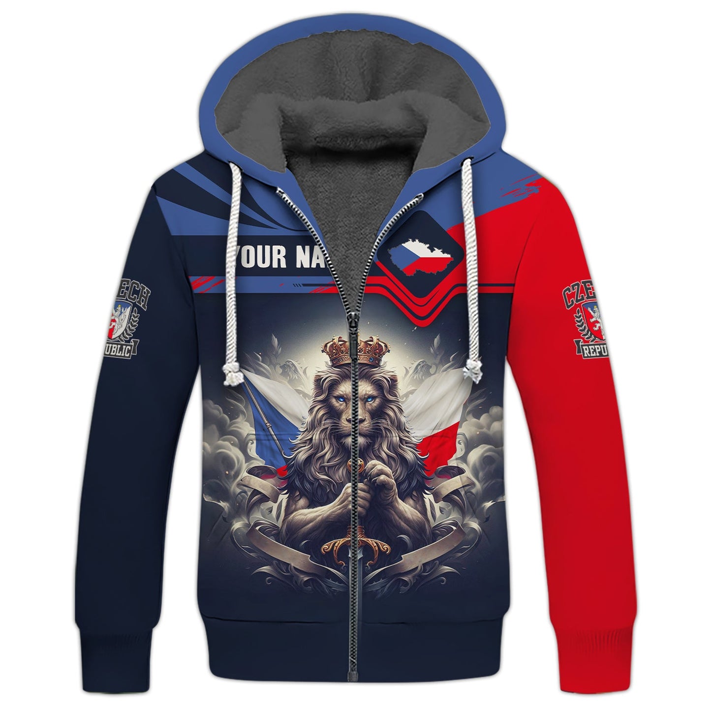 Sudadera con capucha y cremallera 3D con nombre personalizado de El Rey León de la República Checa, regalo personalizado para los amantes de la República Checa