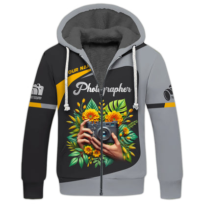 Camisetas con nombre personalizado para fotógrafos, cámara con flores amarillas, regalo de camiseta 3D para amantes de la fotografía