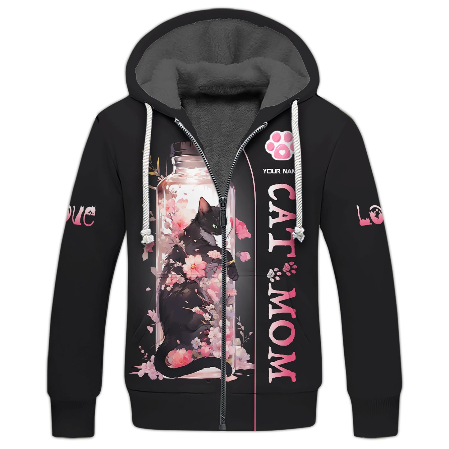 Sudadera con capucha y cremallera 3D con nombre personalizado de gato negro en un frasco de flores de cerezo para amantes de los gatos