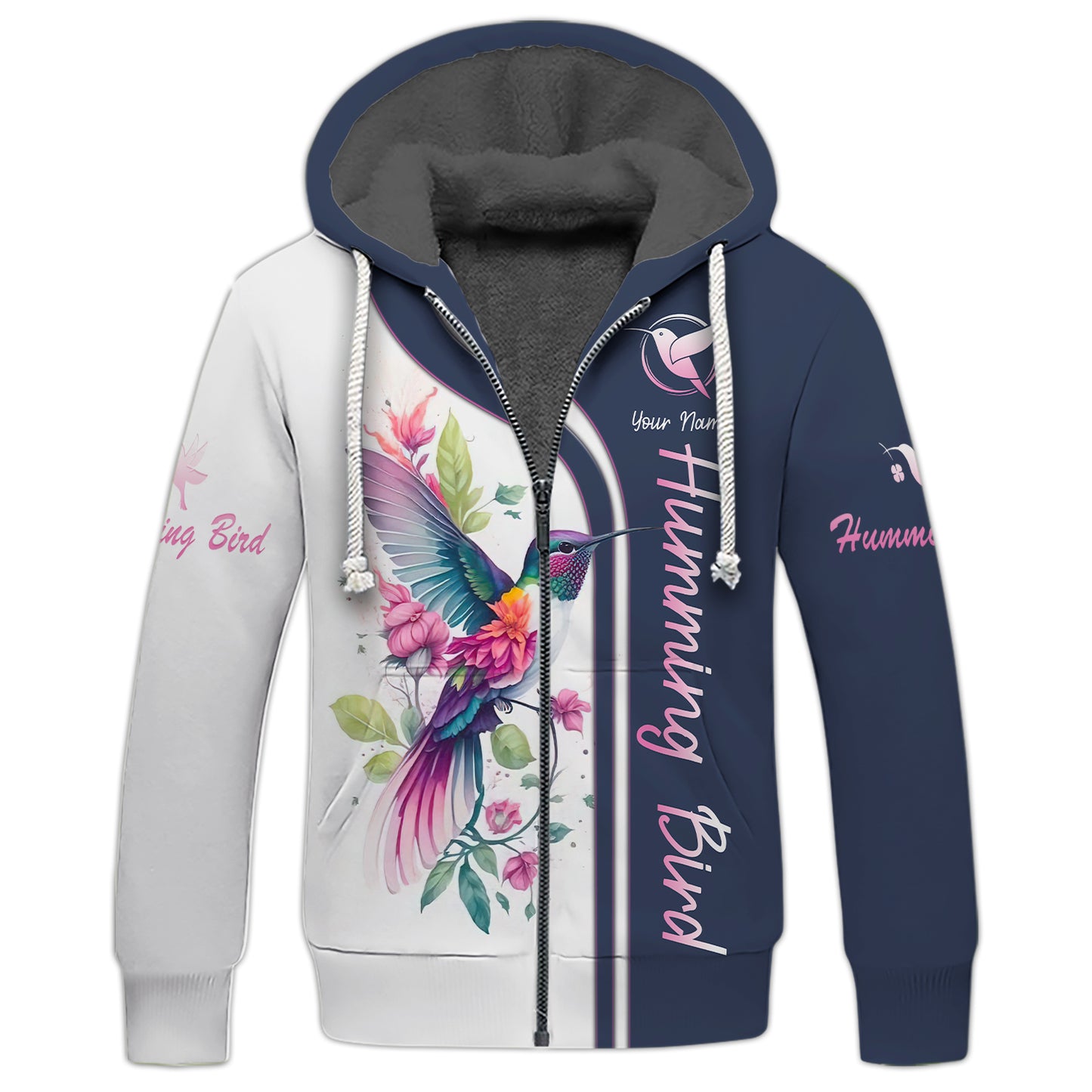 Sweat à capuche zippé colibri avec fleurs et impression 3D complète, cadeau personnalisé avec nom pour les amoureux des colibris