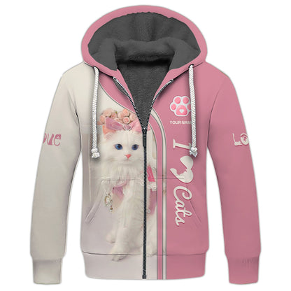 Sudadera con capucha y cremallera con estampado 3D completo de gato lindo, regalo con nombre personalizado para amantes de los gatos